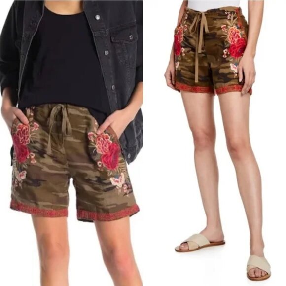 Johnny Was Pants - JOHNNY WAS Linen Floral Embroidered Camo 6" Shorts Lightweight Women's Medium